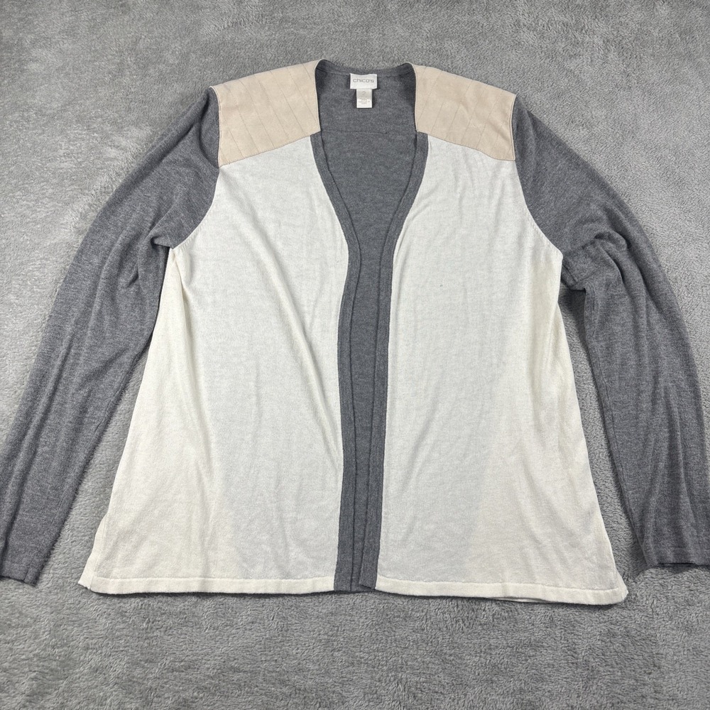 Chico's Women's Open Cardigan Long Sleeve Solid Grey And White Size 2